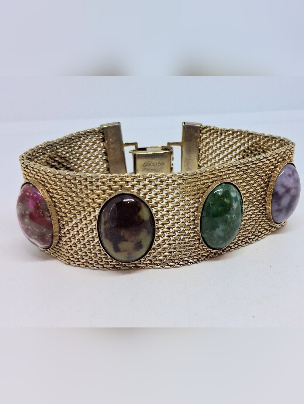 * Vintage Sarah Coventry Gold Tone Mesh Bracelet Multi Color Oval Cabs